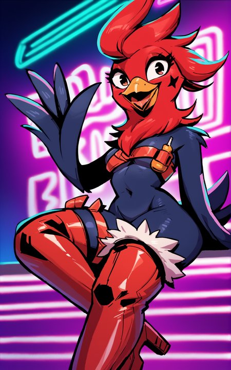 score_9, score_8_up, score_7_up,((best quality)), absurdres, <lora:BolivanteStyle:0.8>, <lora:CABPXL:0.8>,CABPXL,makeup, facial mark, neck fur, shoulder strap, red fur, black fur, furry female, red footwear, beak, red hair, thigh strap,boots, fur trim,neon lights, open mouth, tongue out, smile,pinup