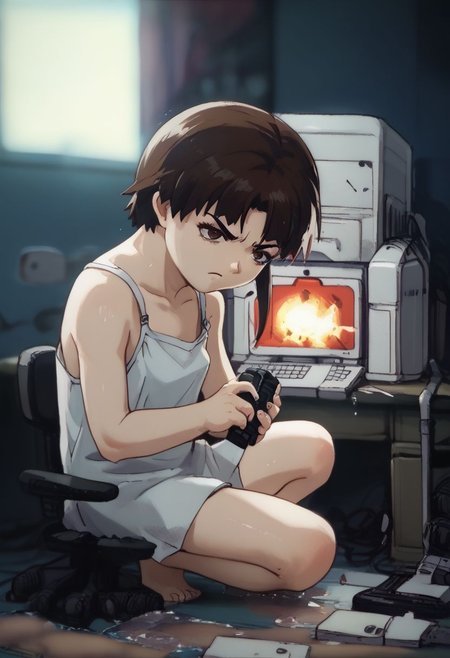 score_9, score_8_up, score_7_up, score_6, source_anime, lain, kneeling, chibi, kawaii, white camisole, angry, furious, (((using computer, exploding computer, computer explosion, out or order, side view))), annoyed, dark computer room, watercooling systems, computer screens, computer room, computers, computer cables, networl cableslain's bedroom, ((low light, pitch dark)), dark night, dark ambiance, (((puddles, wet floor))), night, teddy bears background