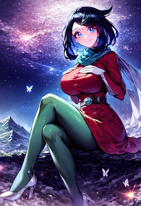 gorgeous lips, cinematic, (masterpiece), (best quality), (ultra-detailed), very aesthetic, perfect composition, intricate details, absurdres, detailed face, (anime, masterpiece, intricate:1.3), (best quality, hires textures, high detail:1.2), score_9, score_8_up, score_7_up, source_anime, 1girl, liko \(pokemon\), long hair, black hair, blue highlights, blue eyes, eyelashes, hair ornament, scarf, dress, red dress, long sleeves, buttons, gloves, white gloves, belt, pantyhose, green pantyhose, heels, white footwear, skirt, floral patterns, alternate_costume, butterflies, massive breasts, facial expression, kind, soft eyes, head tilt, slightly smiling, closed mouth, hand on breasts, breasts covered, goddess, planet size, giantess, enormous body, growing even bigger, larger than mountains, towering over mountains, small planet, over the city, sitting on rock, floating object, gradient eyes, beautiful detailed eyes, space background, mountain landscape, space, mountain, waterfall, outdoors, forest, lake, holding planet, (masterpiece:1.4), (best quality:1.4), (ultra-detailed:1.2), gl0w, glow,
