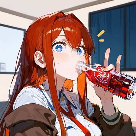 score_9, score_8_up, score_7_up, score_6_up, score_5_up, score_4_up, source_anime, 
1girl, kuristina1:1.3,
portrait, close up, zoomed in, drinking soda, soda bottle, dr pepper bottle, holding soda bottle, dr pepper,
long auburn hair, 
dark blue eyes, white pupils, looking at viewer, surprised,
indoors, bedroom, simple background <lora:44444 9000 steps makise:1.3>