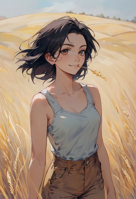 score_9, score_8_up, score_8, high detail, perfect eyes, ExpressiveH, summer, a woman walking through a wheat field 
BREAK, 1girl, 28 year old girl, cute, sexy freckles, brown eyes, medium round breasts, short wavy black hair, black hair, brown eyes, smug smile, brown cargo pants loose tank top, no bra, cowboy straw heat, blade of wheat in mouth
 BREAK, cowboy shot,