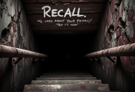 A dilapidated creepy staircase leading down to a pitch black basement, old crumbling brick walls, bloodstains, the words "Recall. We care about your privacy! Try it now!" are spray-painted right above the basement entrance, eerie atmosphere, 
Realistic, best quality, 4k, masterpiece, viewed from upstairs,