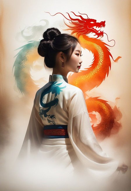 Double Exposure Style,Volumetric Lighting,a girl with Wrap top,arching her back,Traditional Attire,Artistic Calligraphy and Ink,light depth,dramatic atmospheric lighting,Volumetric Lighting,double image ghost effect,image  combination,double exposure style, background lightly brushed with the image of a Chinese dragon