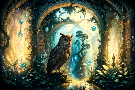 An ancient library hidden within an enchanted forest, illuminated by bioluminescent plants and floating crystals, as seen through the eyes of a curious owl at twilight. <lora:Lost_In_Dreams:0.7> <lora:xl_more_art-full_v1:0.6>, (masterpiece:1.2), best quality, (hyperdetailed, highest detailed:1.2), high resolution textures
