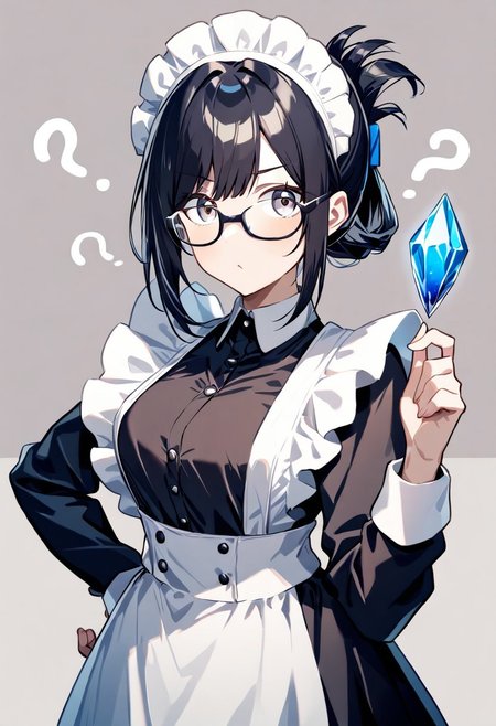 masterpiece, best quality, absurdres, year 2023,  maid, long dress, dark dress, white apron, maid headdress, glasses, black hair, folded ponytail, ?, hand on hip, confused expression, holding up a large crystal