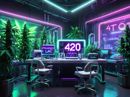 masterpiece,high quality,
420futurism,    <lora:420FuturismXL:0.8>
,lab, no humans, scenery, plant, chair, monitor, indoors, table, computer, tree, window, "420" text,futuristic,cyberpunk.neon light