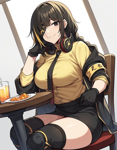 score_9, score_8_up, score_7_up, source_anime, <lora:girlsfrontline-m16a1-ponyxl-lora-nochekaiser:1>, m16a1, black hair, long hair, black eyes, streaked hair, yellow hair, bangs, braid, braided ponytail, eyepatch, mole, mole under eye, scar, scar on face,, armband, asymmetrical legwear, black gloves, black jacket, black legwear, black skirt, buttons, gloves, headphones, headphones around neck, hood, hooded jacket, jacket, knee pads, necktie, skirt, strap, unevent legwear, shirt, yellow shirt, hood down, mature female, medium breasts,, izakaya, drinks, food, stools, social, smile, sitting, elbow rest, table,, looking at viewer, solo,, dutch angle, cowboy shot