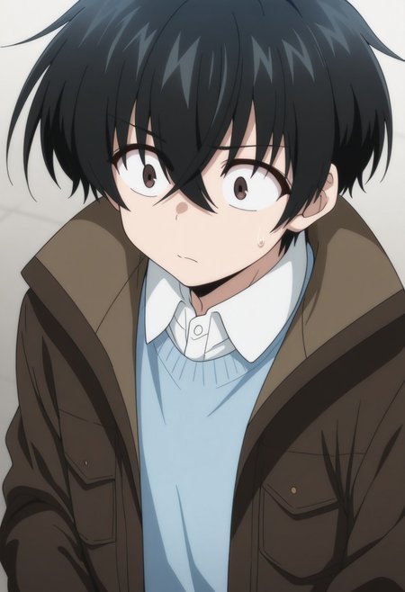 masterpiece,best quality,amazing quality, source_anime, 
KeitaroGentoga, 1boy, male focus, solo, brown eyes, black hair, shirt, white shirt, collared shirt, blue sweater, jacket, brown jacket, open jacket,