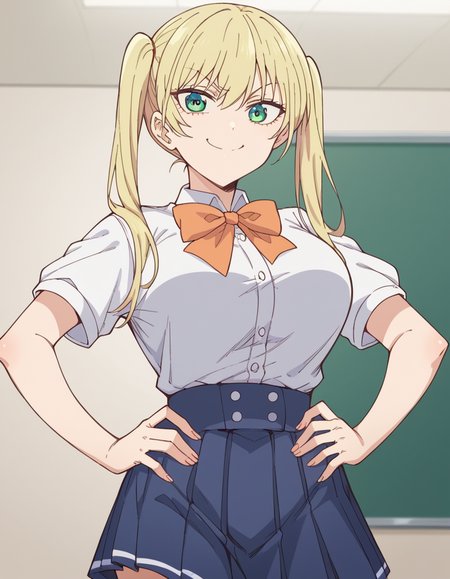 score_9, score_8_up, score_7_up, source_anime, <lora:rika-hoshizaki-s2-ponyxl-lora-nochekaiser:1>, rika hoshizaki, green eyes, blonde hair, twintails, large breasts,, skirt, shirt, bow, school uniform, white shirt, short sleeves, pleated skirt, bowtie, blue skirt,, indoors, smug, smile, looking at viewer, solo, hands on hips,, cowboy shot, dutch angle