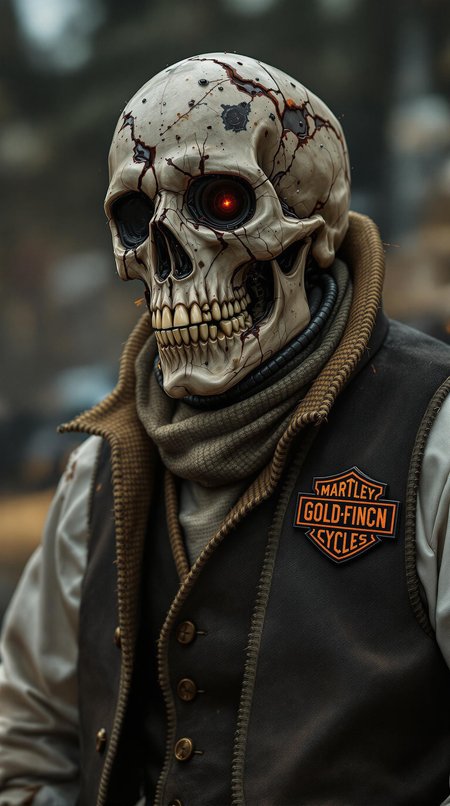 Harley Davidson of the future, riddled with a skull wearing a vest and tweeds, and on the vest's paechers the insignia with the name of the Goldfinch can be clearly read.