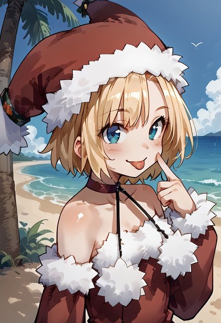 score_9, score_8_up, score_7_up,s, source_anime,zPDXL3,
BREAK 
1girl_Witch,blonde hair,
fur-trimmed sleeves, hat,  fur-trimmed dress, fur-trimmed red clothes, fur-trimmed headwear,  red footwear, bare shoulders, pom pom \(clothes\), choker, detached sleeves,
blush,smile,
BREAK 
soro,
akanbe, eyelid pull, finger to eye, tongue out, :p, tongue, ;p,
 bent over, 
shiny skin, shiny, oily skin, oily face,shiny face, 
beach,palm tree,
extremely detailed , detailed background,
upper body,
from side,
looking at viewer