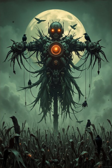 YFG-Sm0rg, YFG-Zaat, A screen print artwork in a green and orange bichromy. inkstyle old engraving. In a dimly lit abandoned corn field, the silhouette of a steampunk mechanical scarecrow stands creepily, hands-up forming a cross, like a disjointed puppet. Some crows are there on his arms, looking around with hunger. A thick fog that gradually morphs into an ethereal aura add a gloomy atmosphere to the scene. The scarecrow eyes shine with a bright weird light, echoing the full moon behind him. A non-printed frame all around the illustration reveals the paper texture.