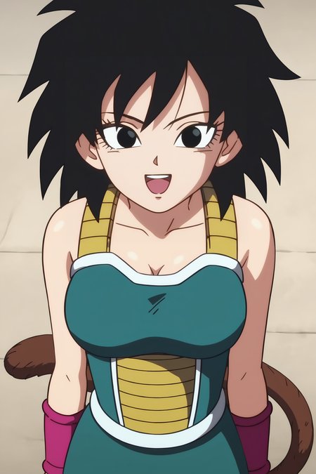 source_anime, score_9, score_8_up, score_7_up, anime screencap, absurdres,
gine, absurd res, official style, 1girl, solo, breasts, looking at viewer, smile, short hair, open mouth, black hair, cleavage, bare shoulders, medium breasts, collarbone, from above, upper body, :d, teeth, green saiyan armor, black eyes, eyelashes, happy, spiked hair, pink wristband, arms at sides, monkey tail, saiyan armor, white trim, green skirt, rock
  <lora:Gine_v1:0.8>