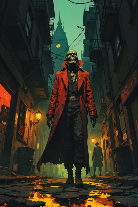 A skeletal investigator, his bones gilded with silver filigree, walks through a city where the buildings lean too close, whispering secrets in languages long forgotten. His crimson overcoat flows behind him, untouched by the thick, soupy fog that coils through the cobbled streets like living tendrils. Gas lamps flicker, struggling against the oppressive gloom, casting elongated, trembling shadows. A victim lies sprawled in an alley, her eyes removed, yet a faint glow lingers where they should be. The investigator kneels, pressing his phalangeal fingertips to the damp stone, feeling the echo of somethingâ**not quite a soul, but something closeâ**still lingering in the air. Footsteps sound behind him, slow and deliberate, though no one is there when he turns. Above, in a window where no light should be, a single figure watches, its face shifting like melted wax. The city is alive, and it does not like being investigated. , detailed background  Fantastic lighting. Detailed shadows.intricate details, vivid colors, hyper-detailed, ultra-sharp, , ,in the style of cksc,anime, cyberpunk, DB4RZ, DB4RZ style painting <lora:CPA:0.5><lora:FLUX-daubrez-DB4RZ:0.3><lora:Luminous_Shadowscape-000016:0.3><lora:ck-shadow-circuit-000021:0.35>