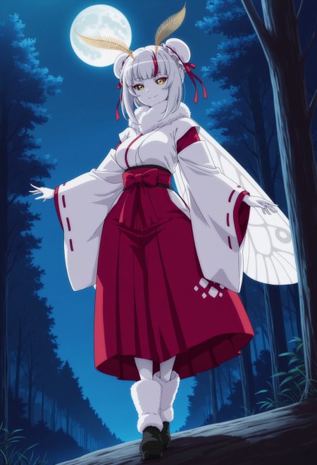 safe_pos, (masterpiece, best quality), anime coloring, 
1girl, moth girl, arthropod girl, monster girl, silver hair, hime cut, short hair, double bun, bun cover for double bun, red hair ribbon, white skin, yellow eyes, black sclera, red eyeshadow, japanese clothes, white sleeves, long sleeves, wide sleeves, white kimono, red hakama, medium breasts, smile, moth antennae, feather antennae, neck fur, fur collar, white fur, white wings, moth wings, white fur boots
BREAK
outdoors, night, forest, moon