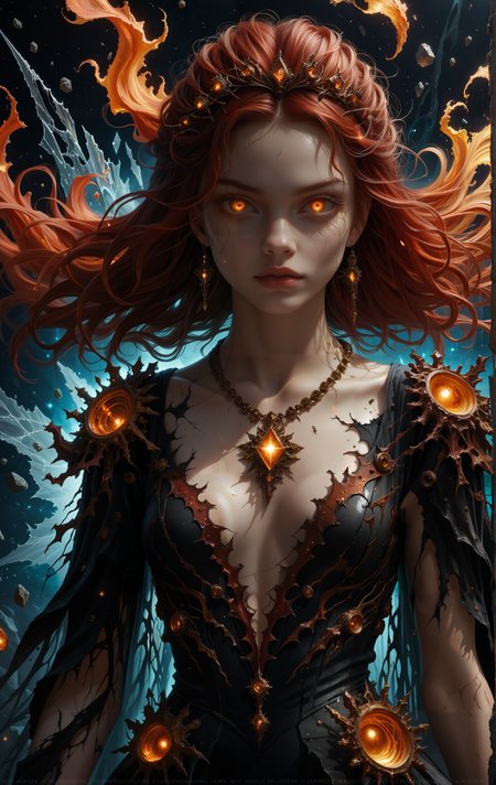 score_9, score_8_up, score_7_up, score_6_up,
SV,
highly detailed realistic CGI artwork, young woman with fiery red hair, voluminous messy updo,
slender athletic build, light skin tone, piercing deep brown glowing eyes, fractured with glowing void-like cracks,
shattered red gown, leather and fabric shards floating, intricate golden patterns split into fragmented pieces,
ethereal void energy swirling around, engulfing upper body, hair dissolving into dark, swirling void tendrils,
molded gown shattered, shards accentuating bust, plunging neckline with glowing void fissures, ornate necklace breaking apart into void fragments, eerie and surreal void-filled atmosphere.