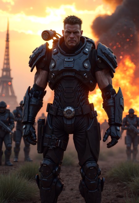 A futuristic battlefield reveals a captivating scene. YoungMoxie, a grizzled cyborg, stands amidst the chaos with his face clearly lit, his exosuit, now worn with battle damage, reflecting the setting sun's rays. The exosuit, a masterpiece of gothic design, enhances his muscular frame, its bulkiness conveying strength and resilience. YoungMoxie's presence, a fusion of human and machine, exudes determination and a sense of duty. This cinematic film still, with its retro arcade style, captures a moment of intense action, where his cybernetic enhancements and battle-worn armor leave viewers enthralled by the fusion of technology and warfare in this dystopian, futuristic world,   <lora:flux_trainer/moxiePunk_v4D>