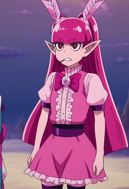 Bachiko,1girl,Small stature, pink hair,stern_look,pink eyes,elf,small_breasts,