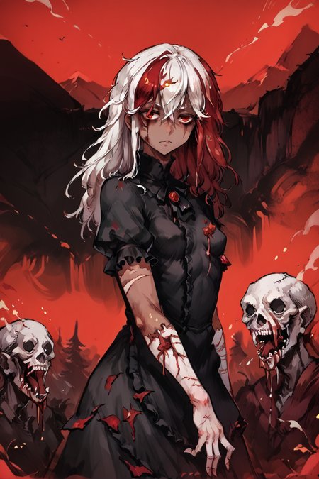 score_9, score_8_up, score_7_up, score_6_up, score_5_up, source anime, ((dark skin)), <lora:gl1tchm4ng4XLP:0.4> , (gl1tchm4ng4), looking at viewer, realistic background, asymmetrical room, night, outdoors, cliffs, mountains, standing,  (cowboy shot), evil smile, (solo), multicolored hair, red hair, white hair, messy hair, wild hair, long hair, hair over eyes, red eye,   bloodstained hair, scar, burn scars, burned face, bloodstained dress, injured, wounded, bloody, (horror), zombie, corpses, grimdark,  <lora:f3nn3rXLP:0.9> , f3nn3r, red, (trippy),  <lora:h3ll1shXLP:0.8> , h3ll1sh, small breasts,  <lora:LFashionPDXL:0.8> , zzLFashion, black frilled dress, frills, bow, black dress, pantyhose,
