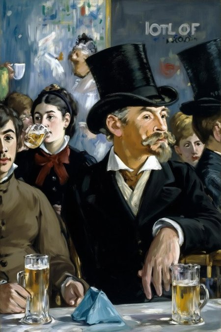 edmanet1 painting.
A 19th-century cafe scene, capturing a group of elegantly dressed patrons in a vibrant social atmosphere. A distinguished older gentleman with a white beard and a black top hat sits at a table, holding a drink with a contemplative expression. Nearby, a young woman in a dark dress with a red bow sips a beer, her posture relaxed. Behind them a waitress is drinking a cup of water. <lora:edmanet1_cap_d6a3e13:1.0><lora:834764316310894037:0>