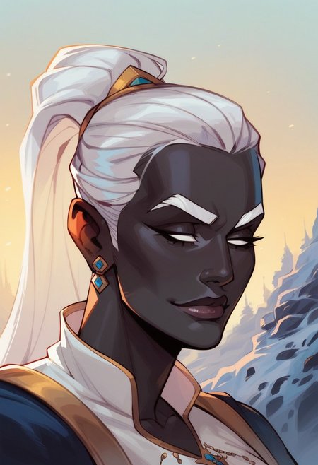 score_9, score_8_up, score_8, score_7_up, score_7, score_6_up, score_6, score_5_up, Score_5,human female, obsidian black skin, onyx black skin, round eyes, white eyes, small eyes, beautiful face, aesthetic face, narrow face, narrow nose, long nose, round ears, white eyebrows, long white hair, high ponytail, very tall, curvy, elegant, royal, aristocratic, majestic, chin up, seductive smile, slender. Silver jewelries. White jewelries. Blue jewelries. Lots of jewelries. White bracers, tight white dress,, vox machine style, 1girl, female focus, solo, portrait,   background of snow-covered landscape, fantasy, (dynamic lighting:1.1)
((masterpiece))