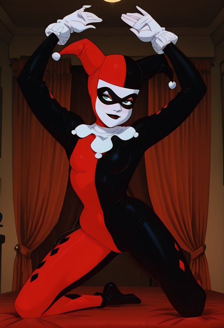 lazypos, masterpiece, best quality, amazing quality,detailed eyes, hi res, gurlagcatch, 1girl,solo, h4rl3yqu1nn, white facepaint, jester cap, jester bodysuit, domino mask, white gloves, fullbody shot,dynamic pose, seductive, indoors, theater curtains, backstage