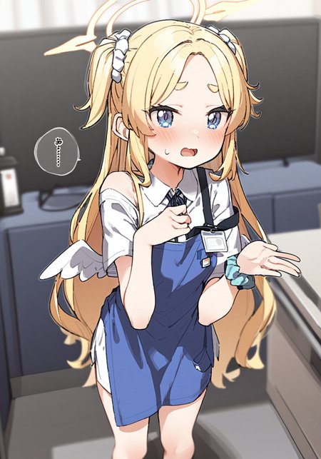 masterpiece, best quality, <lora:style21-a31-000017:1>,1girl, long hair, bow, blue eyes, very long hair, blue apron, apron, blonde hair, black bow, solo, shirt, white shirt, halo, collared shirt, striped bow, short sleeves, blush, forehead, indoors, sweat, mini wings, striped, wings, strap slip, white wings, two side up, id card, scrunchie, open mouth, wrist scrunchie, blue bow, ..., parted bangs, happy birthday, spoken ellipsis, dress shirt, white scrunchie, thick eyebrows, hands up, low wings, english text, blurry background, looking at viewer, feathered wings