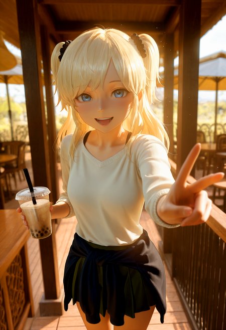 HDR, 8K, high contrast, masterpiece, best quality, amazing quality, very aesthetic, high resolution, ultra-detailed, absurdres, newest, scenery, foreshortening, perspective, (aos:0.5), (chiaroscuro:1.1), cute painting style, 1girl, tm_emily, blue eyes, blonde hair, petite, two side up, scrunchie, holding drink, bubble tea, scrunchie, skirt, smile, sweater around waist, open mouth, shirt, long hair, looking at viewer, outside, cafe, partially illuminated, (backlighting), Intricately designed, Mysterious Shadows, BREAK, photorealistic, beautiful detailed eyes, detailed skin, detailed hair, volumetric lighting, dappled light, light particles, dramatic shadows, cinematic lighting, photo background, depth of field, <lora:ponyxl\cfg_scale_boost:0.8> <lora:IL\KMS_TM_Emily_IL-000003:0.8>