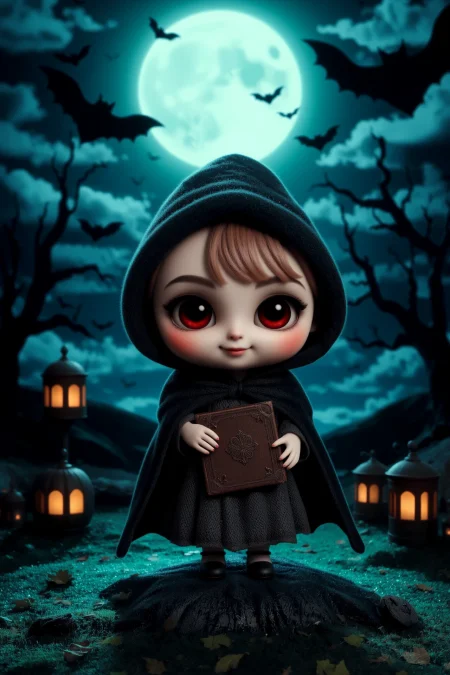 cute, halloween night, horror, (bats), moon in the sky, portrait, (standing:1.2),  happy smiling, red eyes,(very detailed), best quality,  sharp focus, Irish Green bloodstained cloak, ancient spellbook, haunted fairytale, eerie stillness before rain, eerie green light, ethereal lights, backlight, shadows, high contrast, hdr, <lora:Anti-Blur:0.8> <lora:Hand v2:0.8> Detailed hand, Hand, Perfect hand <lora:aidmaImageUpgrader:0.8> aidmaimageupgrader  <lora:PinkieChibiHalloweenFLUX:0.8> pinkchibihalloween