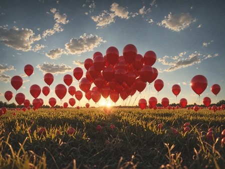 photo realistic picture of dozens red  balloons , outside in a field  <lora:add-detail-xl:3> 8k, masterpiece, dramatic lighting
