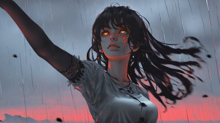 <lora:Yoru_Illustration:1>, yoru \(chainsaw man\), yoru, long hair, black hair, scar on face, red eyes, ringed eyes, black_arm_garter, pants, white_shirt, looking up, upper body, by wlop, by john kafka, artist:yoneyama mai, original, dynamic pose, beautiful girl, pixiv fantasia painting style, breeze, high saturation, manga painting, sketch painting, masterpiece, extreme detailed background, dark fantasy, fantastic scene, Rain, best quality, amazing quality, very aesthetic, absurdres, mouth closed, depth of field