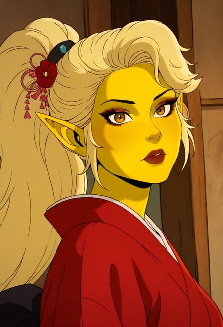 masterpiece, best quality, newest, absurdres, highres, 
X-1990STV1.0, 
1girl, asian, asian female, elf, elf girl, pointy ears, long hair, yellow skin, blonde hair, golden colored skin, ponytail long ponytail, high taied ponytail, makeup, mascara, brown eyes, golden eyes,
kimono, red kimono, japanese clothes, hair ornament,