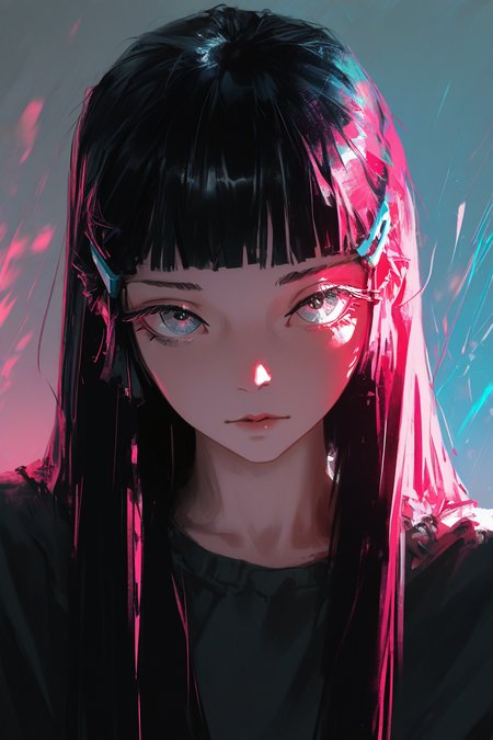 best quality, masterpiece, very awa, absurdres,    <lora:high_detailILL:0.6> high_detail, dino_(dinoartforame), <lora:Smooth_Booster_v2:0.6>, <lora:Niji_oil_painting_drawing-anime:0.8>, illustration, 
Bold, rebellious, and edgy, High-contrast lighting with chromatic aberration, Overlayed with retro VHS static effects and glitch textures,
cool girl, solo, portrait, black hair, straight hair, long hair, straight bangs, pink hair clips, short bangs, bangs above eyebrows, big eyes, grey eyes,