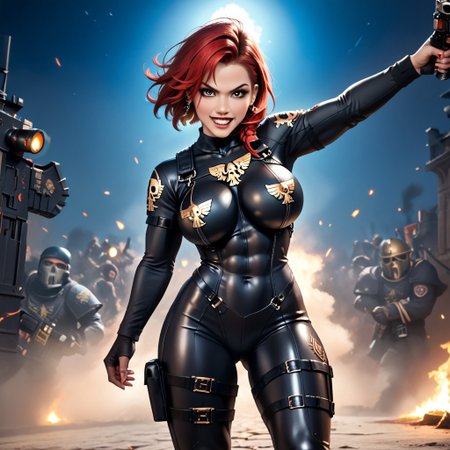 painted Picture of a 28 years old big busty female mature assassin, (1girl), (solo), perfect figure, intricate detailed body, perfect face, perfect eyes, perfect teeth, perfect body, 6-pack abs, fit, huge silicone boobs, ivory skin, short blond hair, tattoos, ((perfect black eyes)), (detailed black pupils), horny look, (((wearing a assassin black leather Suit with intricate details))), Warhammer 40k Battlefield, dark night:1.1, (action pose:1.2), epic, accessoires, 8k , cinematic look, highly detailed, breath taking, cinematic, detailed, natural light, 4K, high-detail, sharp focus:1.2, vibrant colors:1.3, creative:1.2