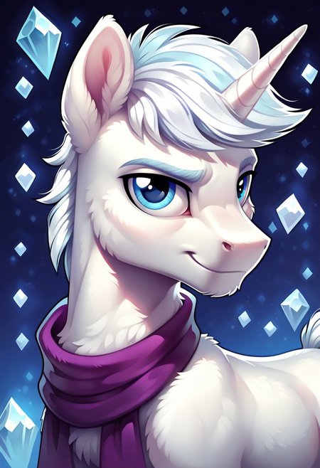 score_9, score_8_up, score_7_up, score_6_up, score_5_up, score_4_up, my little pony, ((feral pony)), ((double diamond)), 1MAN, ((solo)), (sexy), beautiful, detailed, (detailed handsome pony face), detailed blue eyes, ((detailed pure white fur:1.9)), muscular stallion:1.5, beautiful, vector, (beautiful feral unicorn pony), (beautiful white hair), (light blue crystal background:1.5), (looking at you), (calm expression), snowflakes, snowing, purple scarf