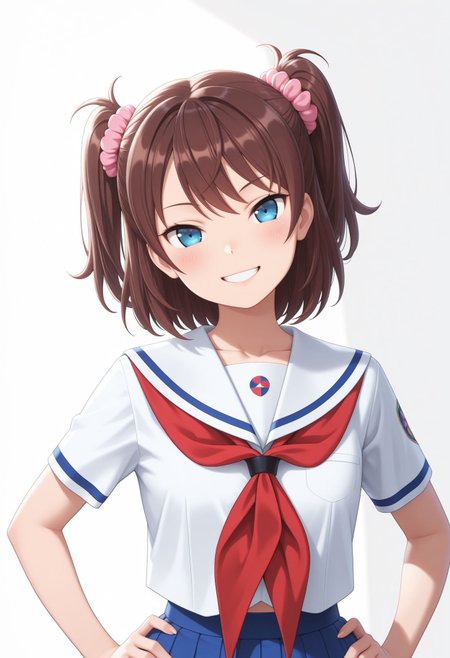 masterpiece,best quality,absurdres,highres,very aesthetic,high quality,detailed,insanely detailed,beautiful,perfect lighting, 
, smile, hands on hips, ((white background)), facing viewer,, simple background, head tilt, upper body, collarbone, blush, grin, shadow, 
 <lora:Ogasawara Hikari llu:1> 1girl, brown hair, blue eyes, two side up, short hair, scrunchie, hair ornament, school uniform, serafuku, short sleeves, red neckerchief, pleated skirt, blue skirt, hair scrunchie, pink scrunchie, white shirt, white sailor collar