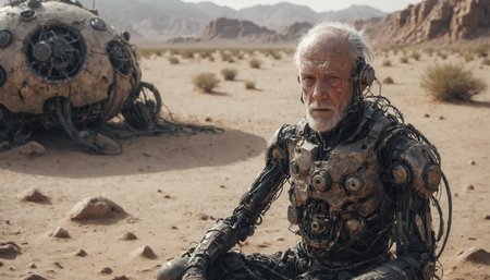 cinematic photo, medium body shot, dystopic image of a one old man cyborg sitting in the desert, <lora:Dystopia:0.6>, 35mm photograph, film, bokeh,  professional, 4k, highly detailed