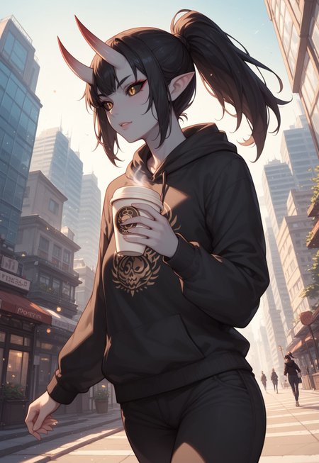 safe_pos, score_9, score_8_up, score_7_up, score_6_up, rating_questionable, 1girl, Polly, PollyRH, oni horns, pointy ears, colored sclera, third eye, black sclera, slit pupils, grey skin, long black hair, ponytail, gold eyes, HD32k, dynamic pose, aesthetic, perspective, solo, detailed, sensual look,  walking, black print hoodie, pants, city, angle shot, holding a cup of coffee, looking away, pensive 