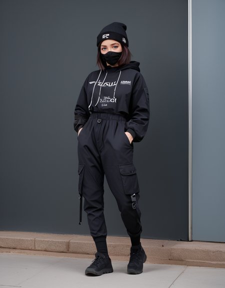 zPDXL2, <lora:TechwearV2:1>, t3chwear, 
1girl, cute face, detailed eyes, long black hair, blue eyes, black face mask, black beanie, walking on a sidewalk, headphones, hands in pockets, full body