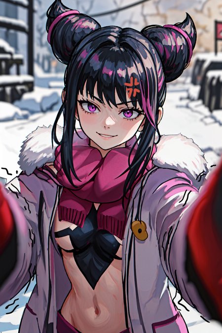 <lora:LCM_LoRA_Weights_SD15:1><lora:PovCheekWarmingMemeV2:0.8> IncrsChkWarmingMeme, reaching towards viewer, winter clothes, red scarf ,1girl<lora:SF6_Juri-DEF:0.6>jurialt smile, laugh, <lora:han_juri_v1:0.6> onejuri, purple eyes,