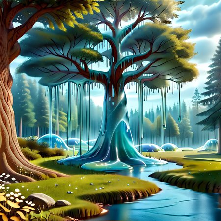 a forest made out of slime, dense-forest, Yggdrasil, a vast tree made out of slime, A large tree made out of slime, brown slime tree, translucent tree, transparent tree, 
everything made of slime, No simple background, ((slime tree)), detailed leaves, detailed bark texture, 
overcast sky, natural light, no bright spots, 
((translucent slime)), ((transparent slime)), (bioluminescent slime), sl1m3, slime, slime-morph, ais-blmn, saturated colors, no creatures, no monsters, no pokemon, scenery only, scenery, ral-lava, watce