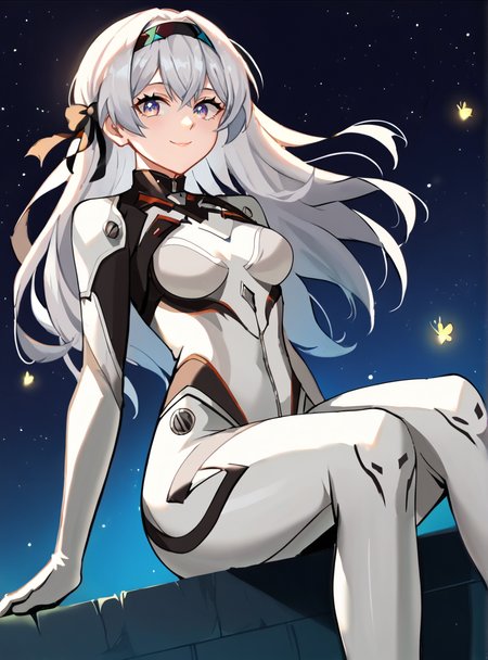 score_9, score_8_up, score_7_up, score_6_up, score_5_up, score_4_up , source_anime, anime screencap,  <lora:Fifefly_-_26710_Honkai_Star_Rail:0.8>fireflypilotsuit, silver hair,solo, long hair, bodysuit, medium breasts, hairband, white bodysuit, bangs, plugsuit, black hairband, smile, night sky, starry sky, sitting, wind_blowing thick thighs, from below, looking at viewer,