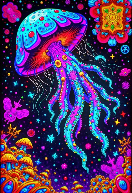 psychedelic style bo-psychedelic, psychedelic surrealism,, a swimming jellyfish,James Bond,vibrant colors of Rio de Janeiro's Carnival are a feast for the eyes, with elaborate costumes, samba music, and street parades . vibrant colors, swirling patterns, abstract forms, surreal, trippy, <lora:Flux\boFLUX Psychedelic Surrealism v1.safetensors:1.0:1.0>
