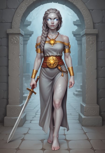 safe_pos, core_9, score_8_up, score_8, semi realistic, ultra detailed, 8k, high quality, hi res, high quality, detailed eyes, perfecteyes, detailed face, 1girl, sharp focus, cowboy-shot, (1girl:1.2), (gray stone skin, bare feet:1.85),(sculpted body, stoic face, glowing stone eyes, long braided stone hair:1.65), (((ancient big sword in hands))), long legs realistic, cinematic angle, cinematic lighting, guardian pose
BREAK
standing watch over an ancient temple ruin
BREAK
source_fantasy_art, rating_explicit, expressive, full body, dynamic pose
BREAK
(((detailed beautiful background, crumbling stone walls, overgrown ivy, ancient statues, moonlit night, mystical fog, sacred atmosphere)))
(((full clothed)))