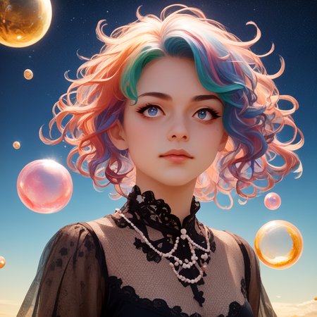 PonyXLV6_Scores: score_9,score_8_up,score_7_up,score_6_up,score_5_up,score_4_up,
solo,flower,(illustration),1girl,mixed-blood,stars in the eyes,messy floating hair,colored inner hair,Starry sky adorns hair,(colorful Bubble),(pearl),(Galaxy),depth of field,upper body,lace-trimmed dress,
 <lora:noline:1>