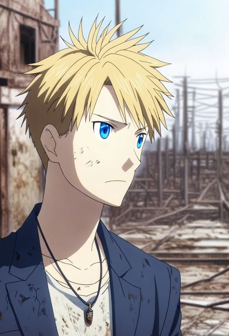 high resolution, professional photography, solo, best quality, 1Boy, Yamato Ishida, Blond Hair, Deep Blue Eyes, Necklace, shallow depth of field, Post-Apocalyptic, survival, OverallDetail