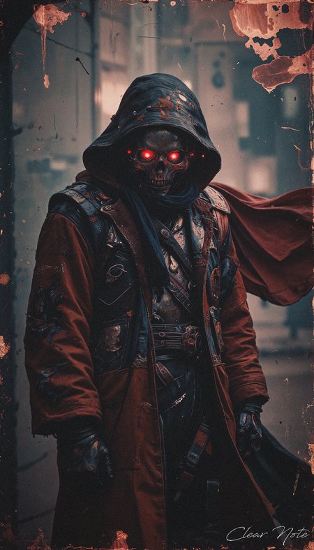 A cyborg reaper with glowing red eyes emerges from the shadows, its cold frame silhouetted against a blood-soaked, ominous backdrop.