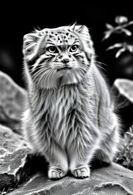 closeup of a curious manul on a rock, Otocolobus manul, curios expression, confused look, moss, shrubbery, black background, black and white, sepia, Jed-Pen