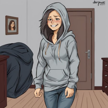 Derpuss, 1girl, solo, long hair, looking at viewer, smile, long sleeves, closed mouth, standing, ass, looking back, indoors, hood, clothes lift, from behind, hoodie, hood down, smug, grey hoodie, jeans, undressing, shirt pull,
