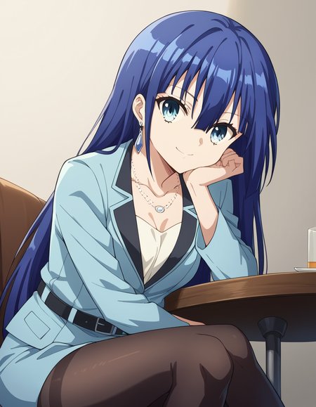 score_9, score_8_up, score_7_up, source_anime, <lora:ayano-yuugiri-s1-ponyxl-lora-nochekaiser:1>, ayano yuugiri, long hair, hair between eyes, blue eyes, blue hair, bangs,, skirt, jewelry, collarbone, jacket, pantyhose, earrings, belt, necklace, black pantyhose, formal, suit, blue jacket, skirt suit,, indoors, smile, looking at viewer, solo, sitting, head rest, table,, cowboy shot, dutch angle